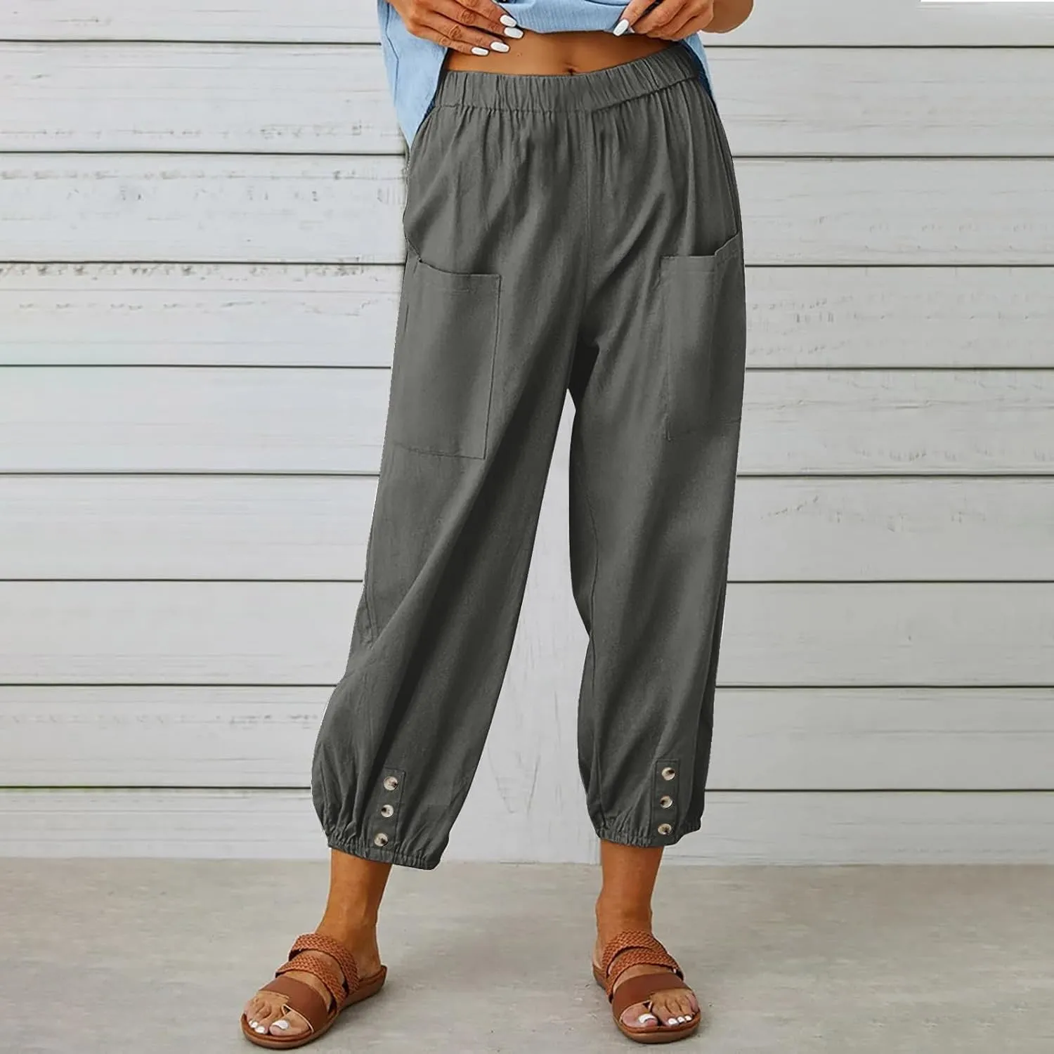 Women's Cotton Linen Capri Pants Plain High Waist Cinch Bottom with Button Summer Loose Casual Trouser with Pockets