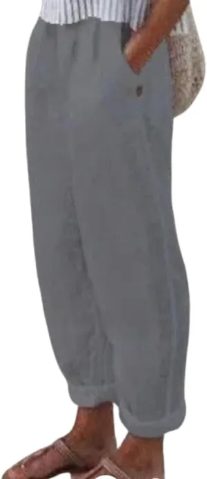 Women's Cotton Linen Pants Casual Elastic High Waisted Straight Leg Palazzo Pants with Pockets Solid Comfy Trousers