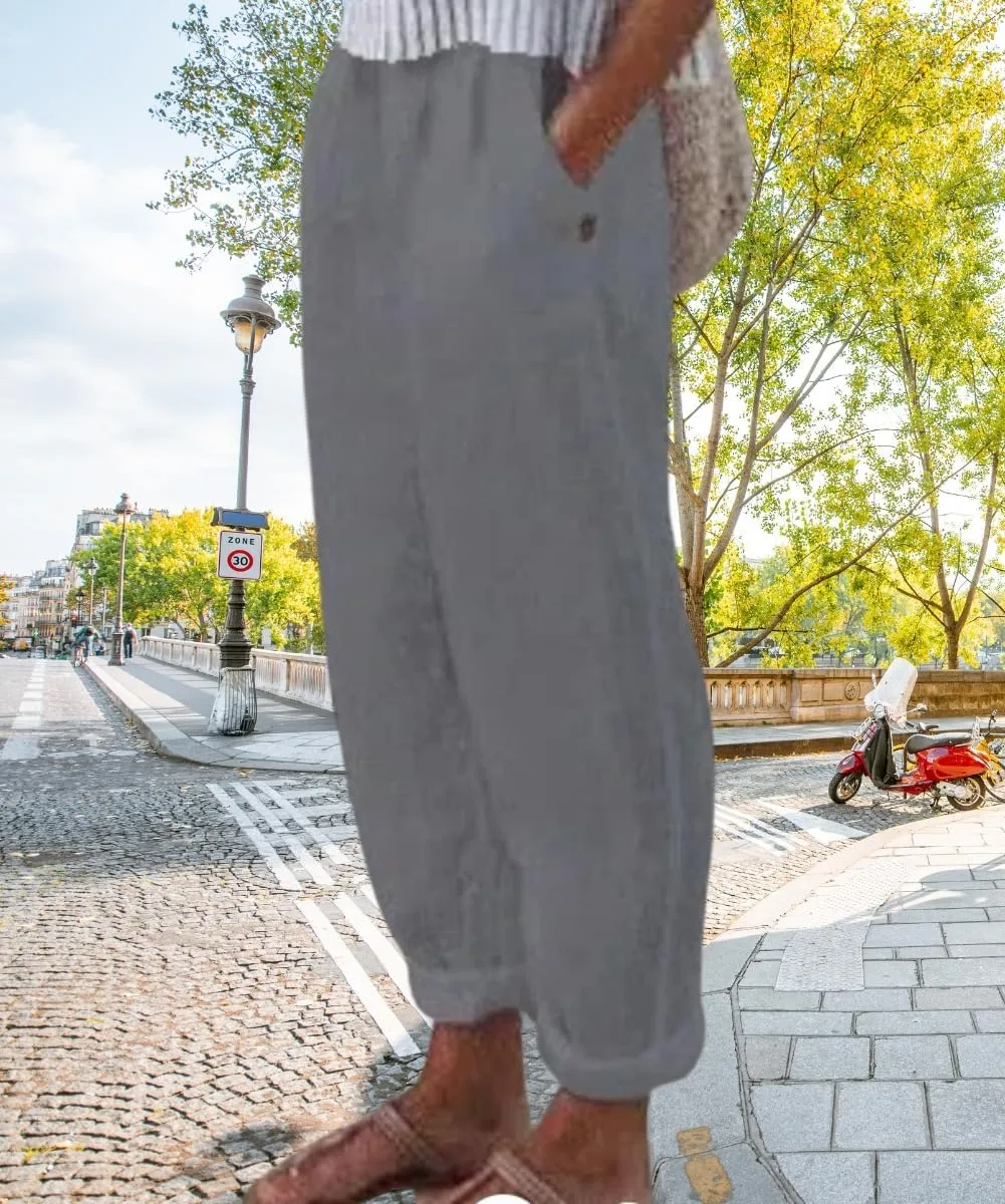 Women's Cotton Linen Pants Casual Elastic High Waisted Straight Leg Palazzo Pants with Pockets Solid Comfy Trousers