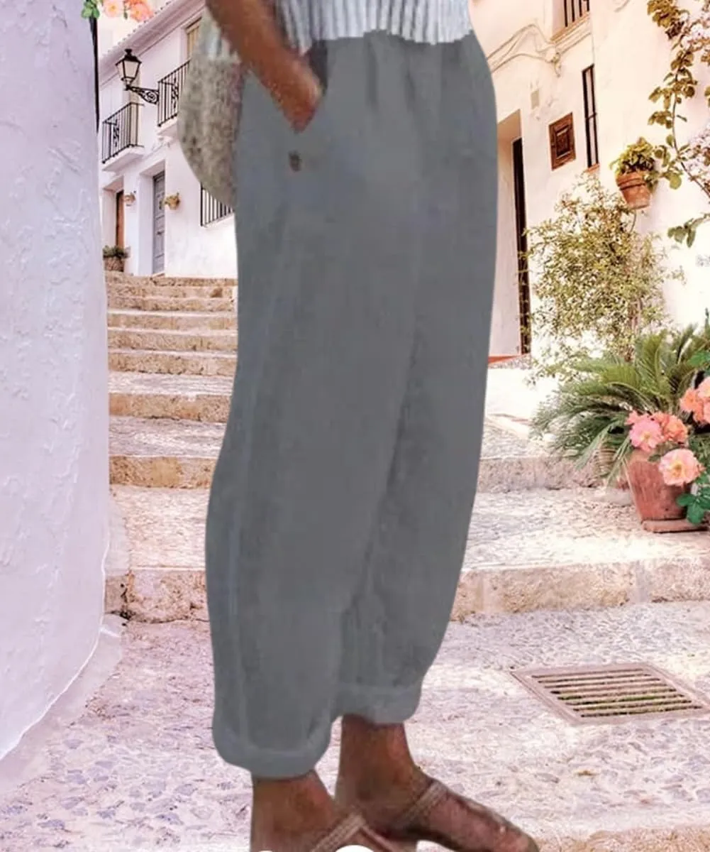 Women's Cotton Linen Pants Casual Elastic High Waisted Straight Leg Palazzo Pants with Pockets Solid Comfy Trousers