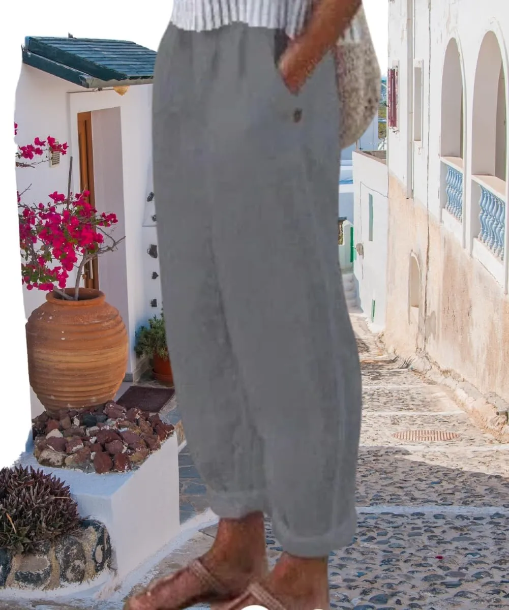 Women's Cotton Linen Pants Casual Elastic High Waisted Straight Leg Palazzo Pants with Pockets Solid Comfy Trousers