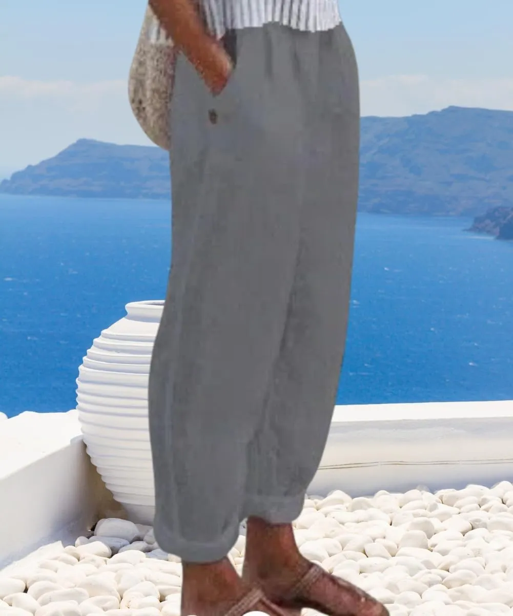 Women's Cotton Linen Pants Casual Elastic High Waisted Straight Leg Palazzo Pants with Pockets Solid Comfy Trousers