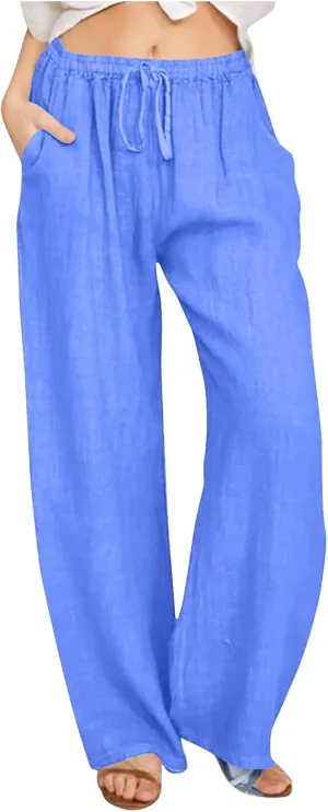 Women's Cotton Linen Pants Summer Drawstring High Waisted Palazzo Pants Casual Wide Leg Yoga Pants with Pockets
