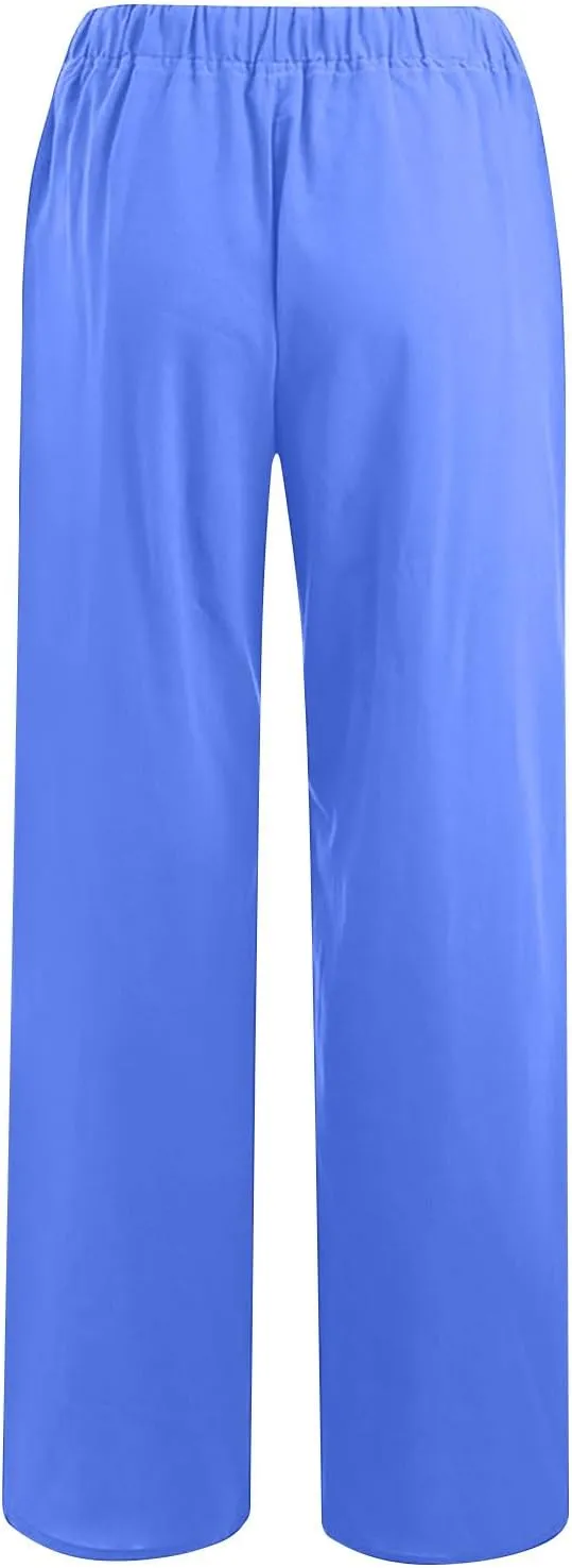 Women's Cotton Linen Pants Summer Drawstring High Waisted Palazzo Pants Casual Wide Leg Yoga Pants with Pockets