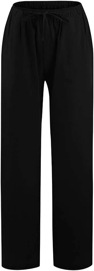 Women's Cotton Linen Pants, Summer Wide Leg Casual Loose Drawstring High Waist Palazzo Pants Trousers with Pockets