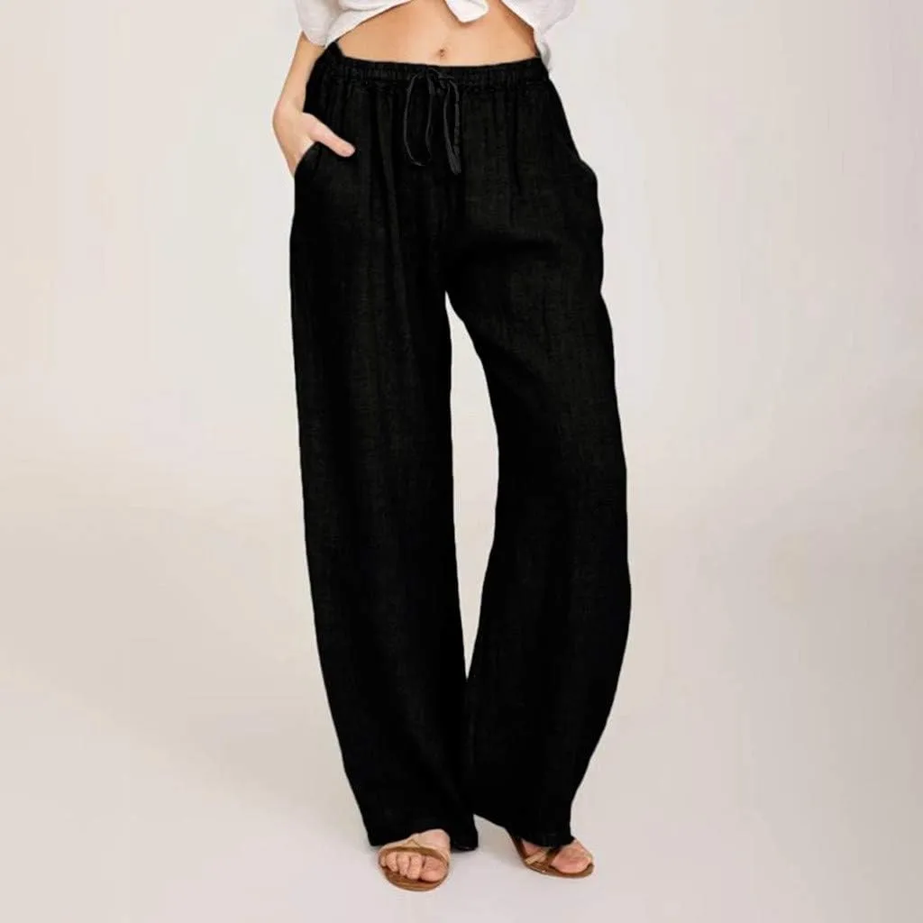 Women's Cotton Linen Pants, Summer Wide Leg Casual Loose Drawstring High Waist Palazzo Pants Trousers with Pockets