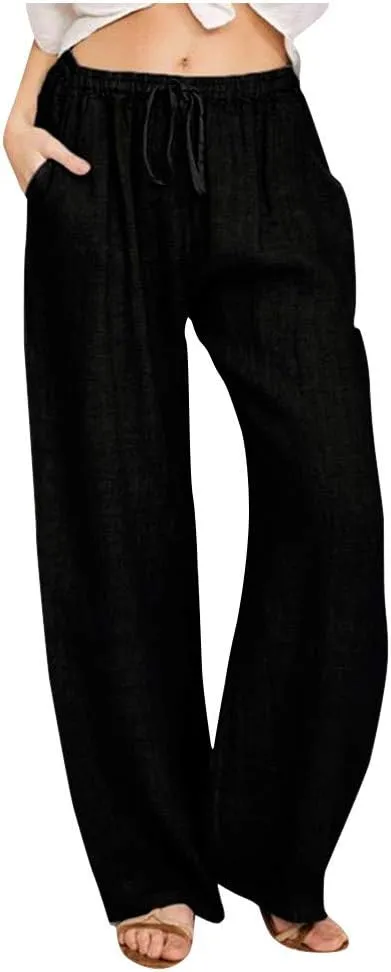 Women's Cotton Linen Pants, Summer Wide Leg Casual Loose Drawstring High Waist Palazzo Pants Trousers with Pockets