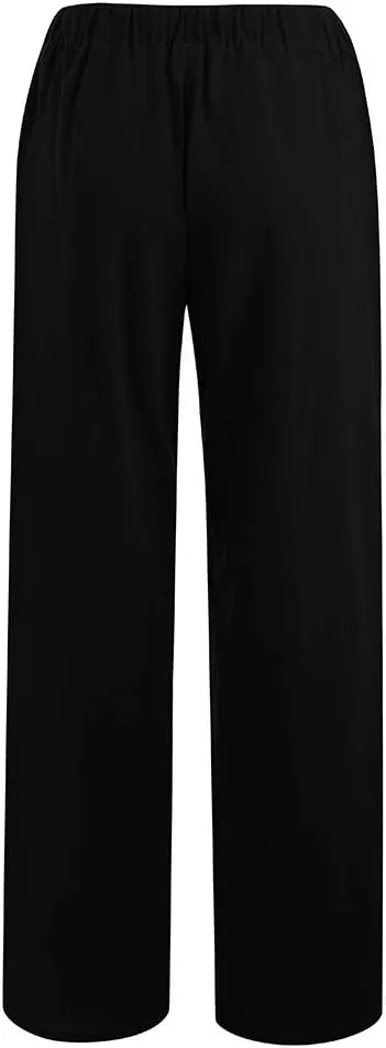 Women's Cotton Linen Pants, Summer Wide Leg Casual Loose Drawstring High Waist Palazzo Pants Trousers with Pockets
