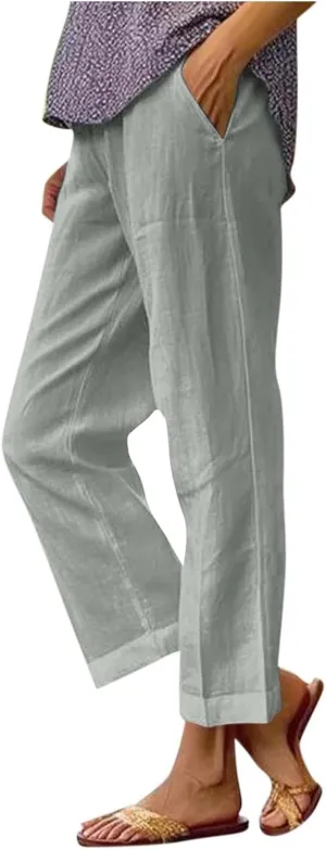 Womens Cotton Linen Summer Y2K Fashion Pants Low Waist Ankle Length Slim-Fit Pant Trousers Office