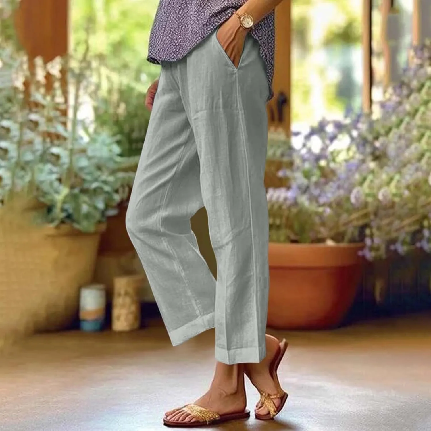 Womens Cotton Linen Summer Y2K Fashion Pants Low Waist Ankle Length Slim-Fit Pant Trousers Office