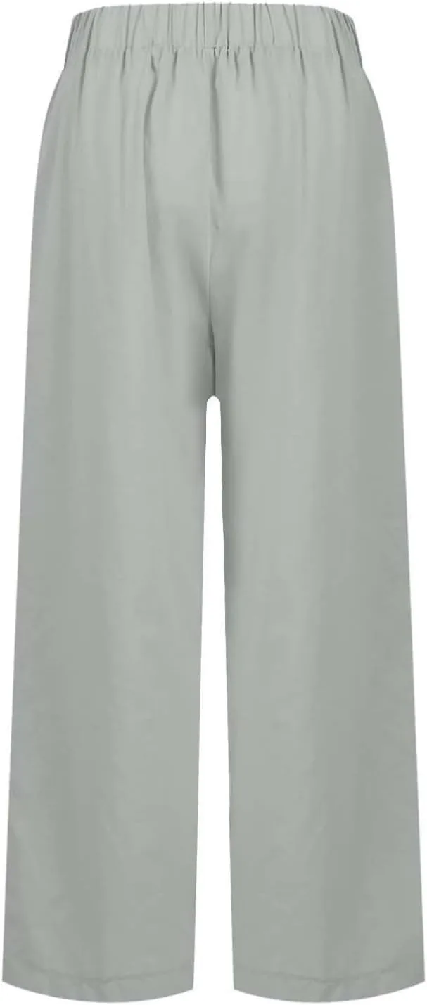 Womens Cotton Linen Summer Y2K Fashion Pants Low Waist Ankle Length Slim-Fit Pant Trousers Office