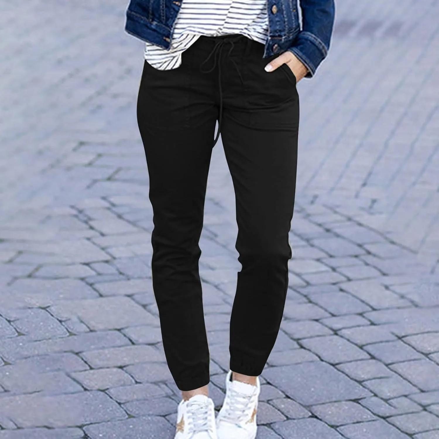 Womens Cropped Pants Plus Size Fashion 2025 Casual Lightweight Drawstring Elastic Trousers Skinny Pants with Pockets
