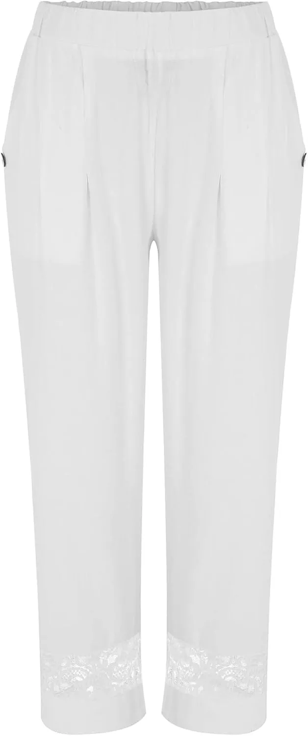 Womens Cute Linen Pants Casual Summer Wide Leg Elastic High Waist Lounge Pants Beach Lightweight Plus Size Trousers