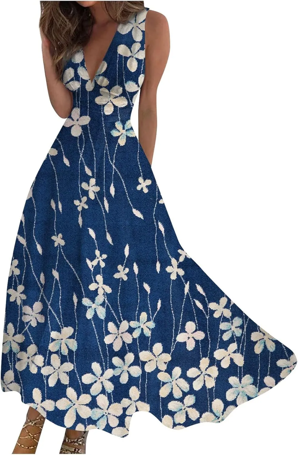 Womens Dresses Floral Print Sleeveless Boho Dress Wrap V Neck Flowy Ruched Beach Dresses Spring Maxi Dress