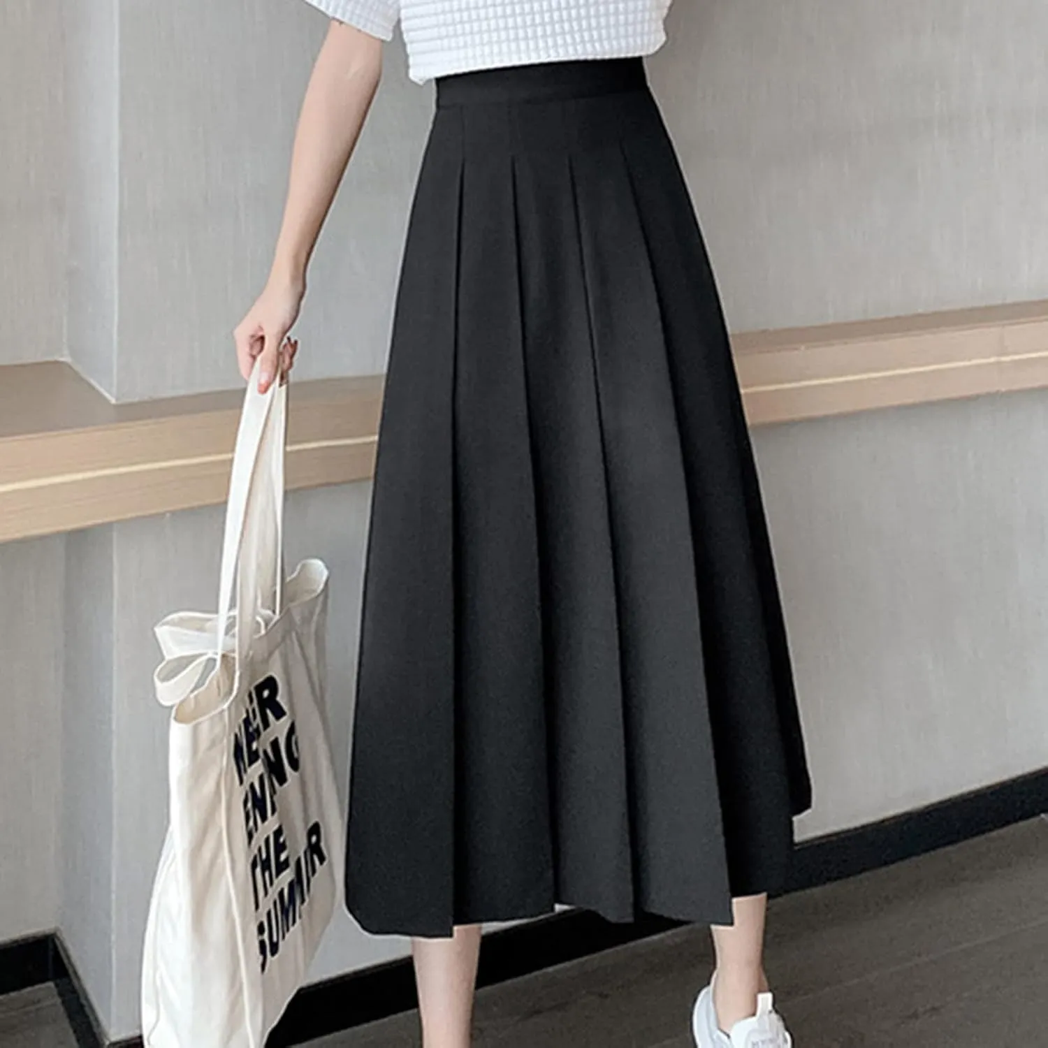 Womens Elastic High Waisted a Line Plain Midi Swing Pleated Skirts Shirring School Girl Uniform Long Skirt