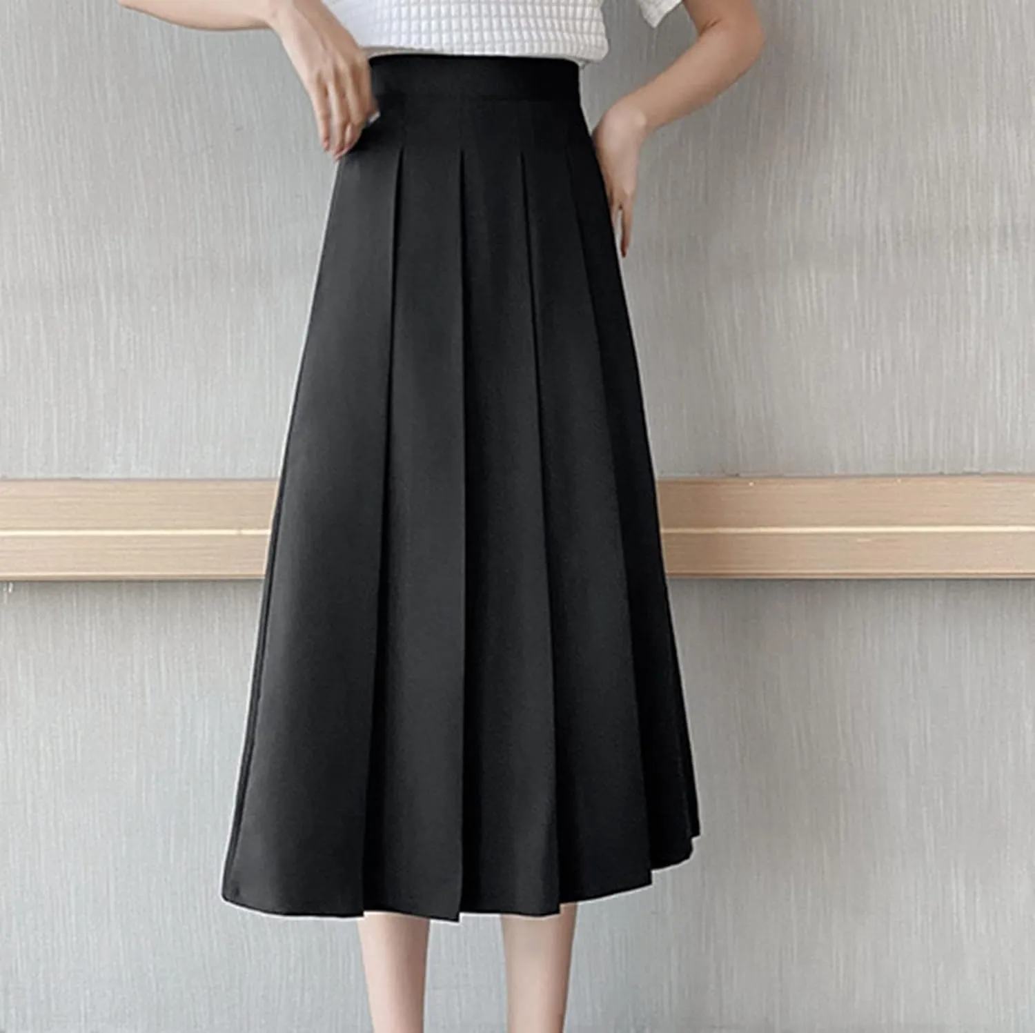 Womens Elastic High Waisted a Line Plain Midi Swing Pleated Skirts Shirring School Girl Uniform Long Skirt