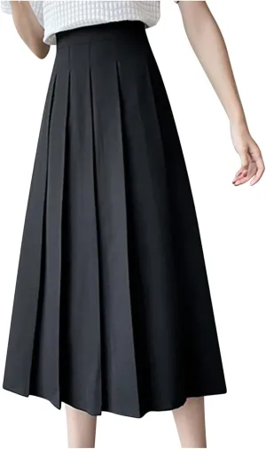 Womens Elastic High Waisted a Line Plain Midi Swing Pleated Skirts Shirring School Girl Uniform Long Skirt