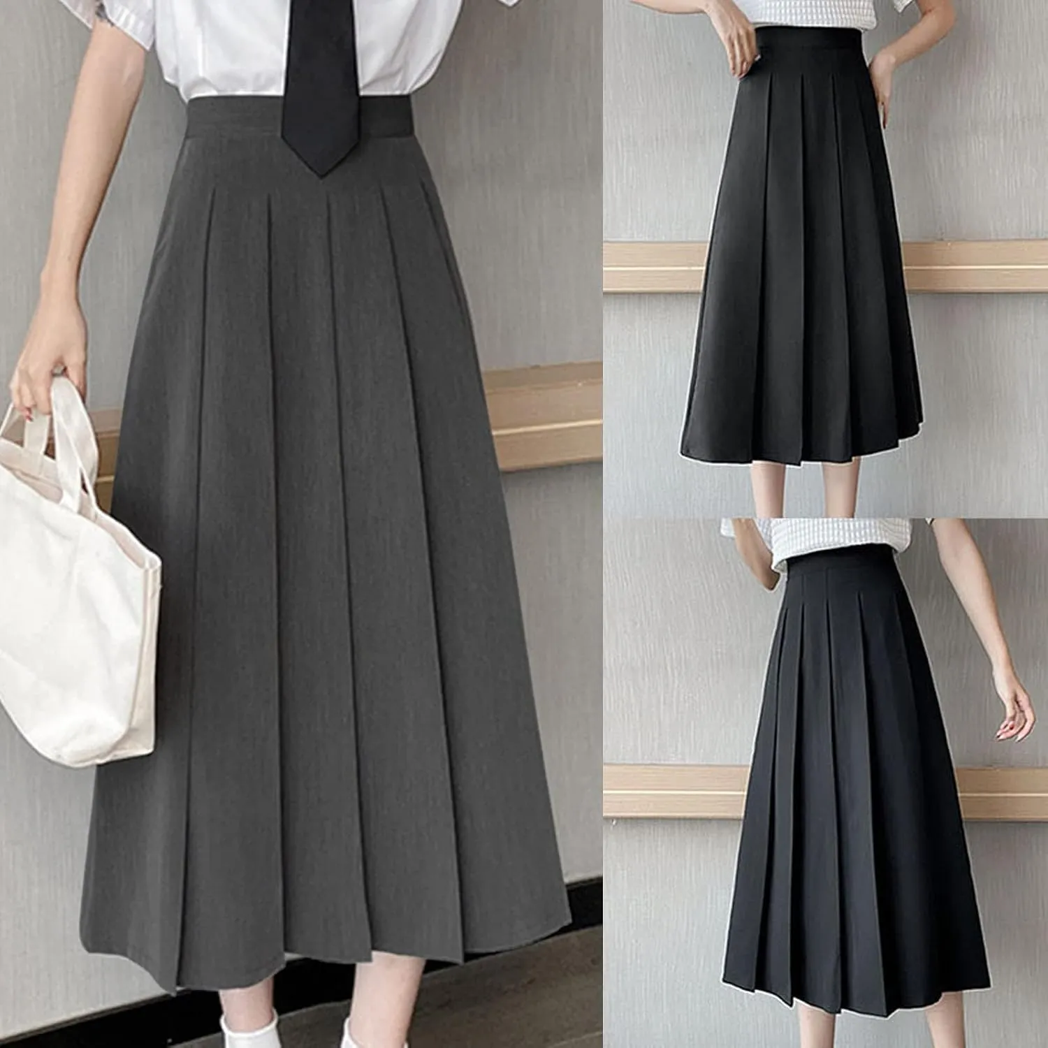 Womens Elastic High Waisted a Line Plain Midi Swing Pleated Skirts Shirring School Girl Uniform Long Skirt