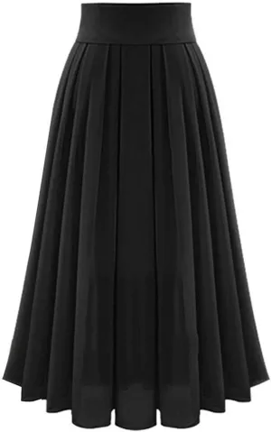 Womens Elastic High Waisted a Line Plain Midi Swing Pleated Skirts Shirring School Girl Uniform Long Skirt