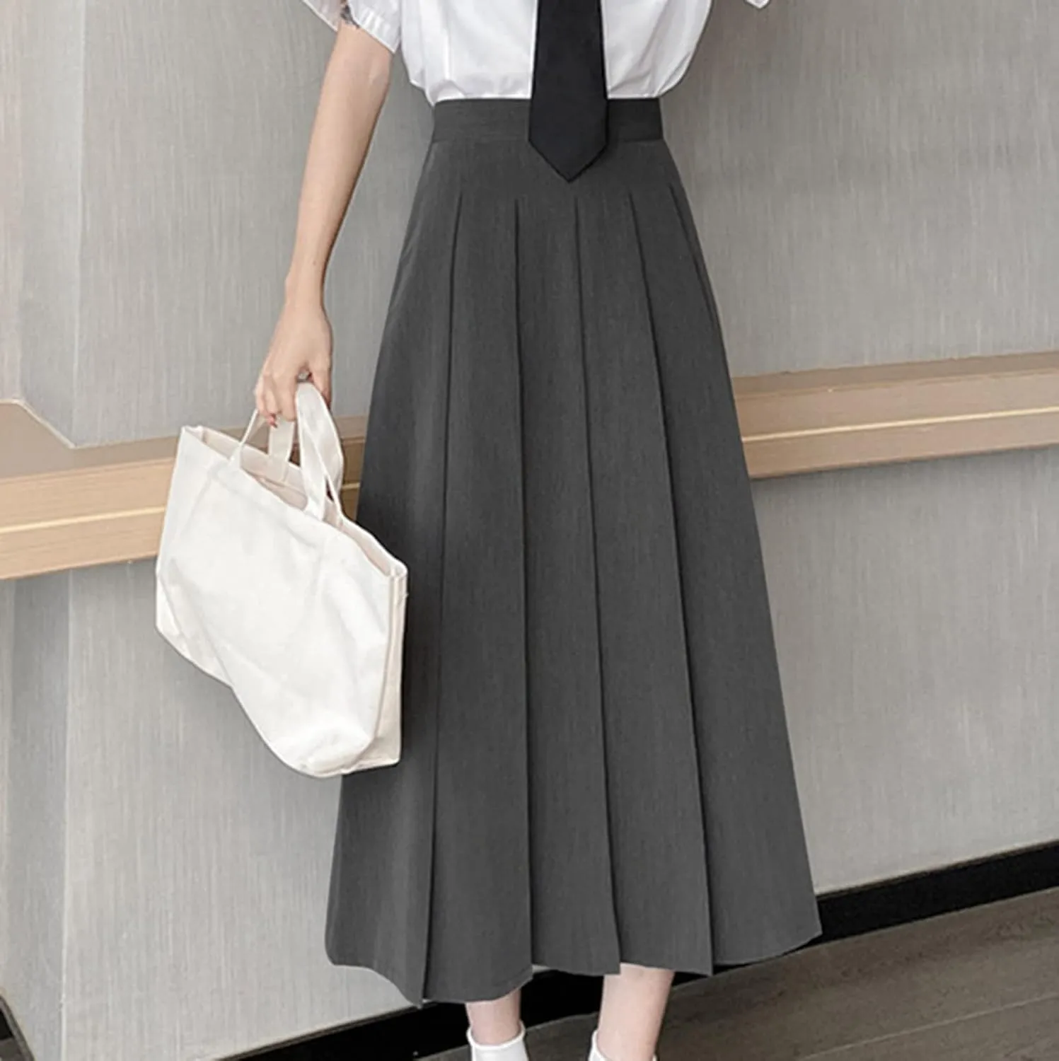 Womens Elastic High Waisted a Line Plain Midi Swing Pleated Skirts Shirring School Girl Uniform Long Skirt