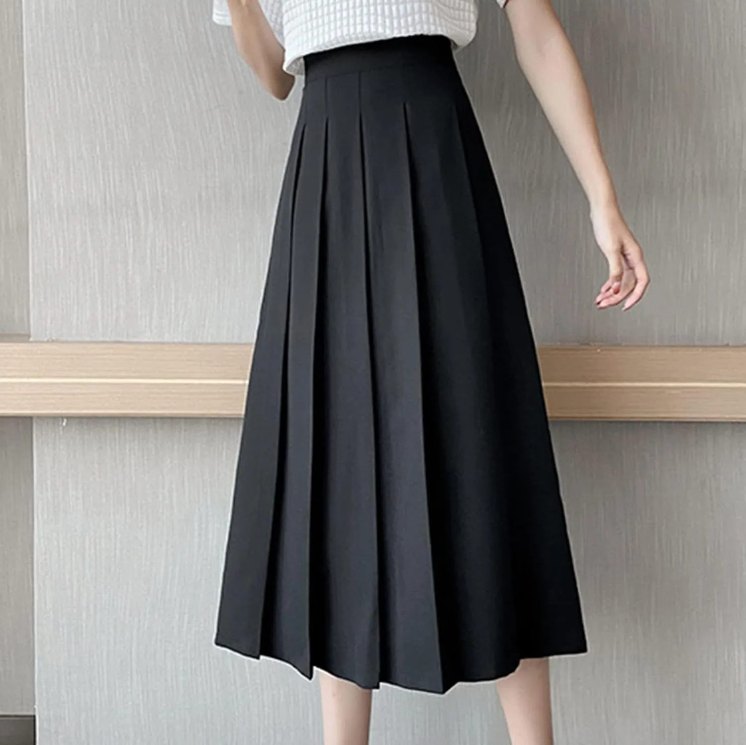 Womens Elastic High Waisted a Line Plain Midi Swing Pleated Skirts Shirring School Girl Uniform Long Skirt