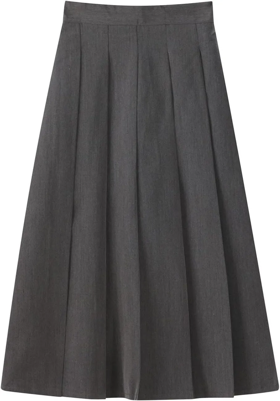 Womens Elastic High Waisted a Line Plain Midi Swing Pleated Skirts Shirring School Girl Uniform Long Skirt