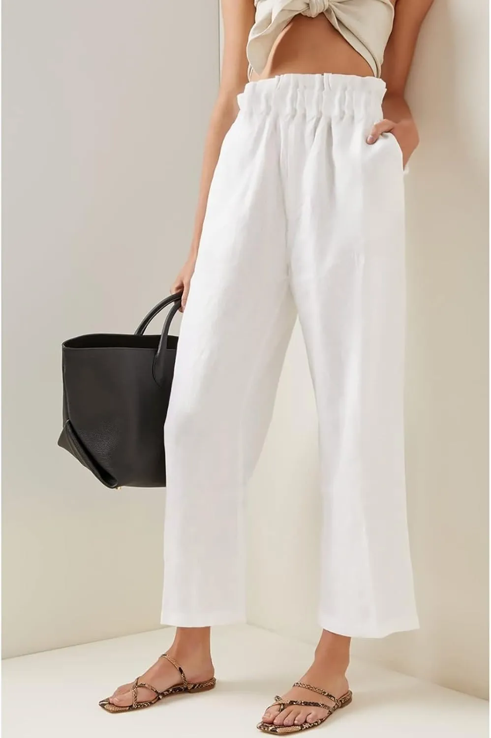 Women's Fashion Cotton Linen Paperbag Trousers Solid Color Loose Fit High Waisted Straight Wide Leg Pants with Pockets