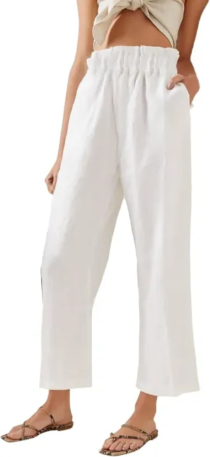 Women's Fashion Cotton Linen Paperbag Trousers Solid Color Loose Fit High Waisted Straight Wide Leg Pants with Pockets