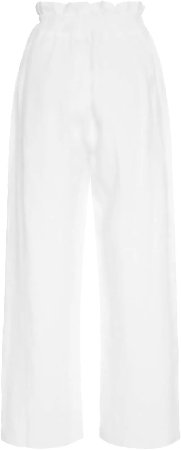 Women's Fashion Cotton Linen Paperbag Trousers Solid Color Loose Fit High Waisted Straight Wide Leg Pants with Pockets
