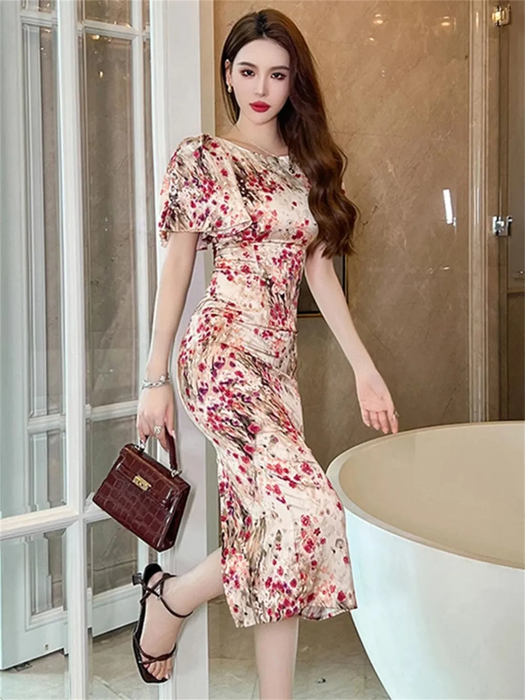 Women's Formal Long Pencil Dress Women Elegant Pretty Satin Vintage Print Short Sleeve Slim Midi Robe