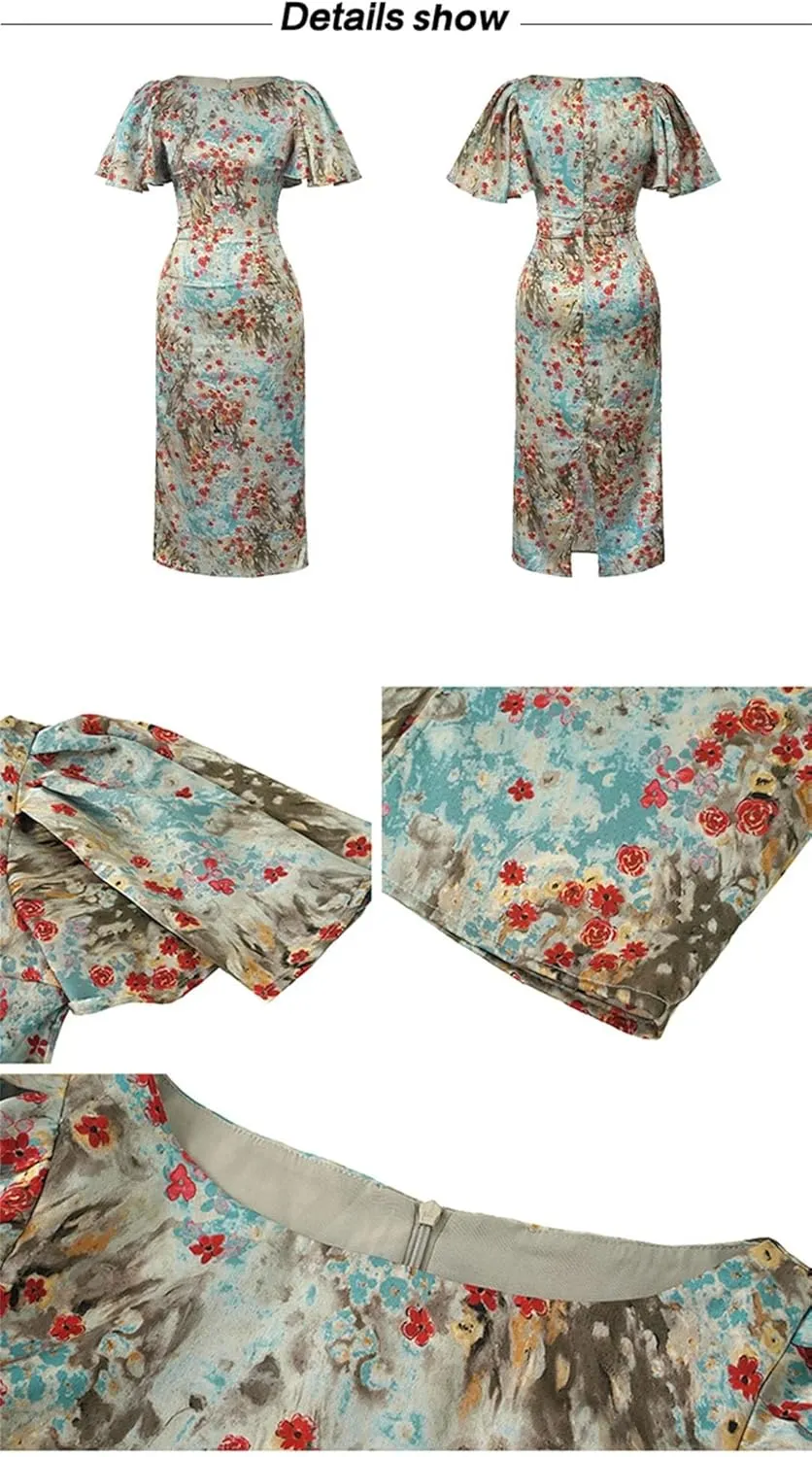 Women's Formal Long Pencil Dress Women Elegant Pretty Satin Vintage Print Short Sleeve Slim Midi Robe