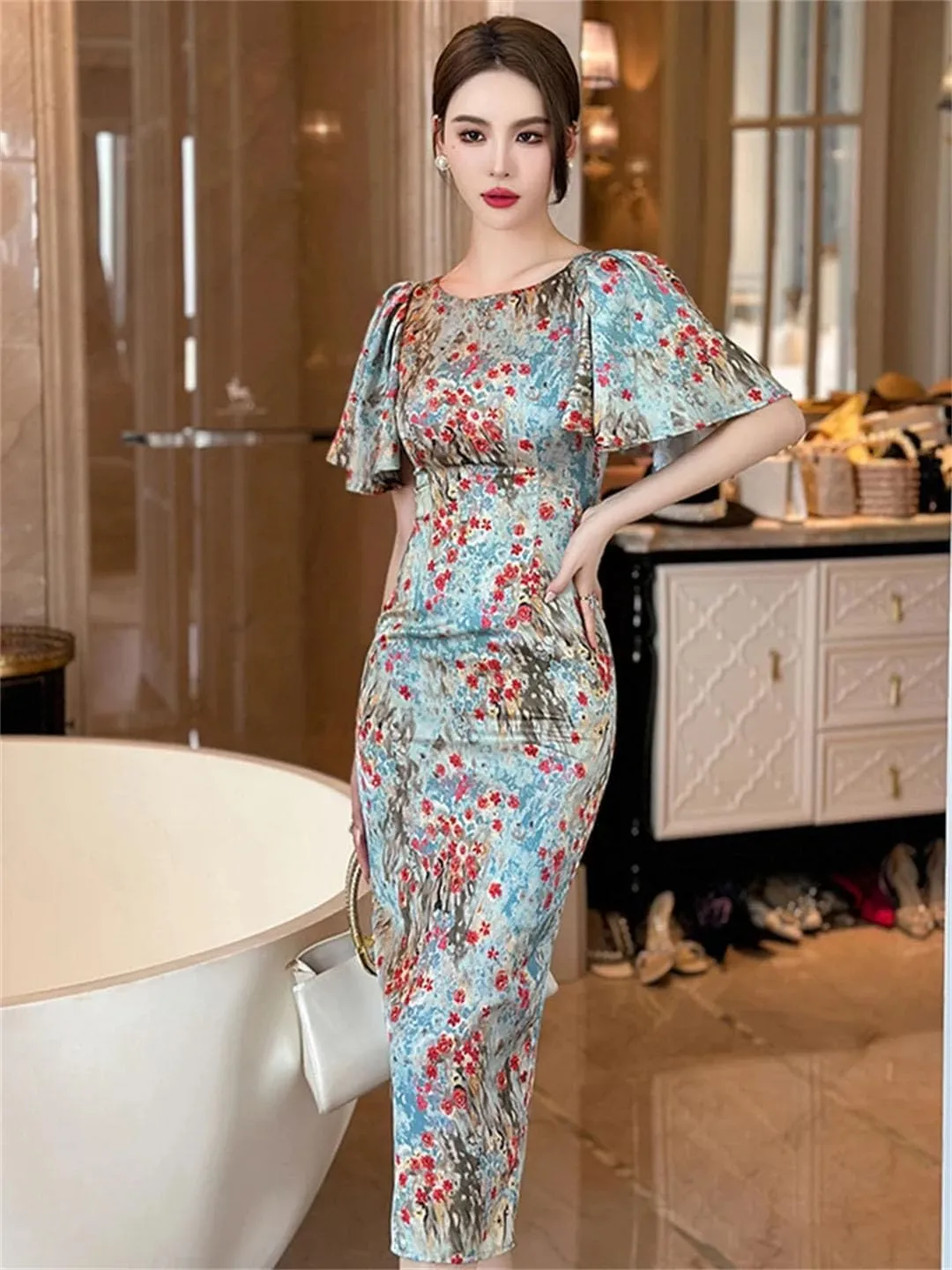 Women's Formal Long Pencil Dress Women Elegant Pretty Satin Vintage Print Short Sleeve Slim Midi Robe