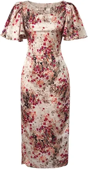 Women's Formal Long Pencil Dress Women Elegant Pretty Satin Vintage Print Short Sleeve Slim Midi Robe