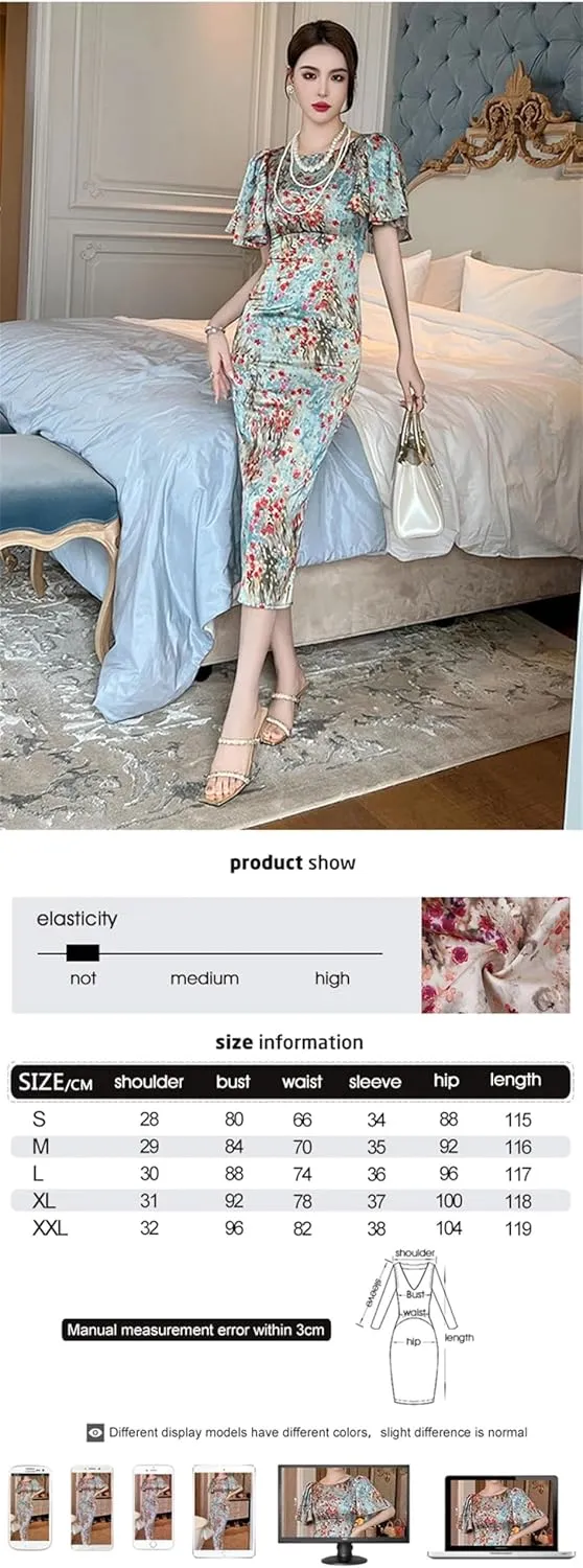 Women's Formal Long Pencil Dress Women Elegant Pretty Satin Vintage Print Short Sleeve Slim Midi Robe