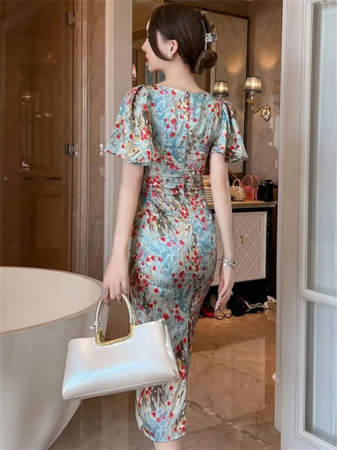 Women's Formal Long Pencil Dress Women Elegant Pretty Satin Vintage Print Short Sleeve Slim Midi Robe
