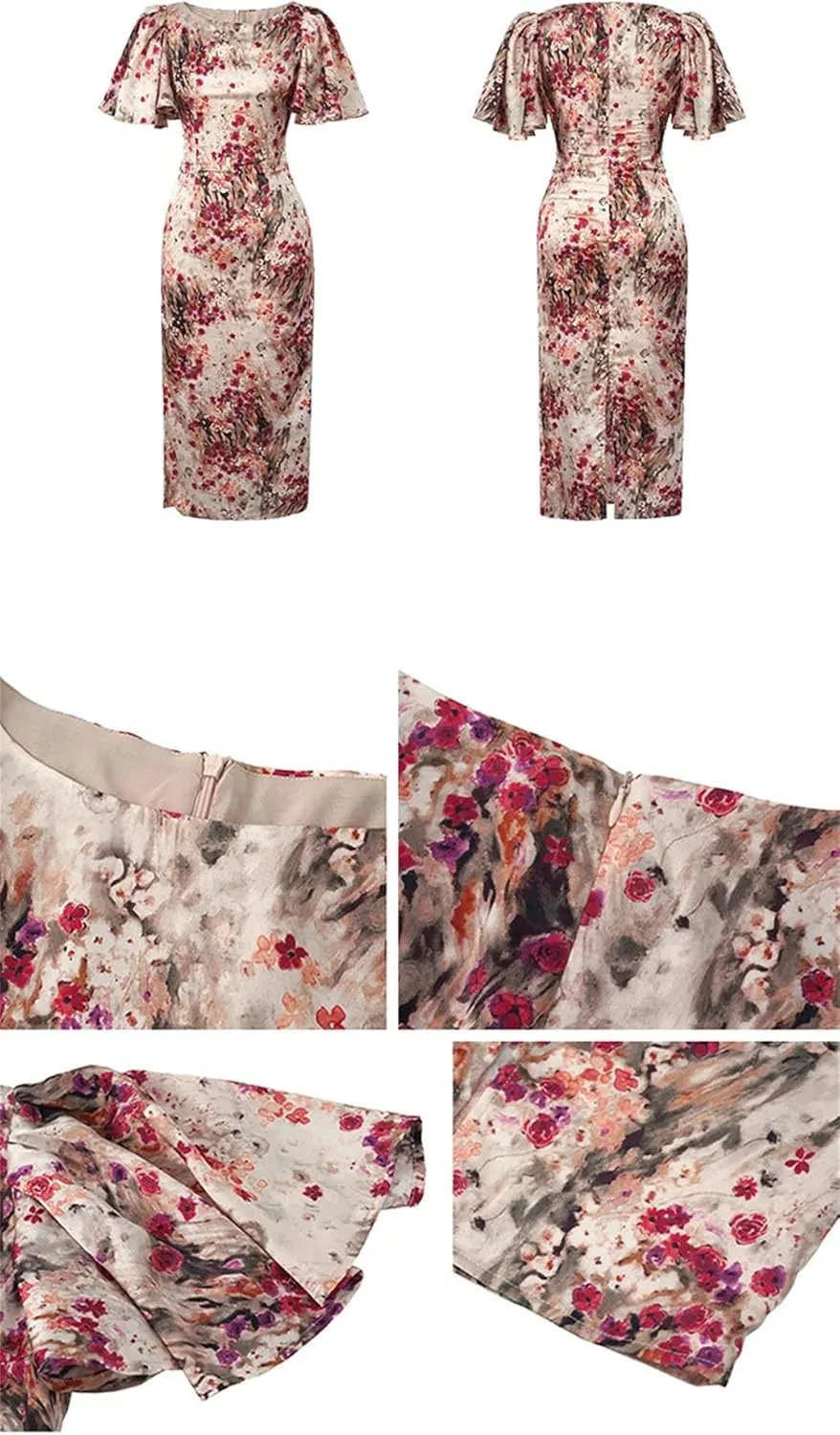 Women's Formal Long Pencil Dress Women Elegant Pretty Satin Vintage Print Short Sleeve Slim Midi Robe