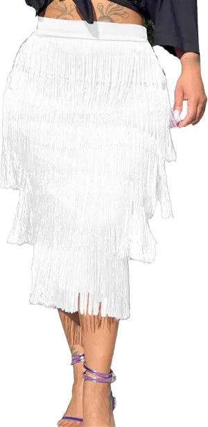 Women's Fringe Trim High Waist Pencil Bodycon Skirts Sexy Elegant Fringe Long Maxi Skirt Tassel Tiered Solid Party Dress