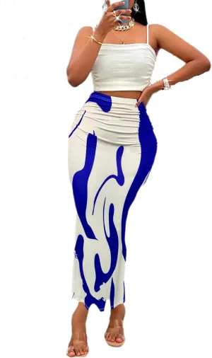 Women's Graphic Print Maxi Skirt Ruched High Waist Long Fishtail Skirt Fashion Bodycon Pencil Skirt
