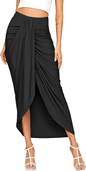 Women's High Low Wrap Maxi Skirts Sexy Side Split High Waist Midi Skirt Twist Front Asymmetrical Cover Up Skirts