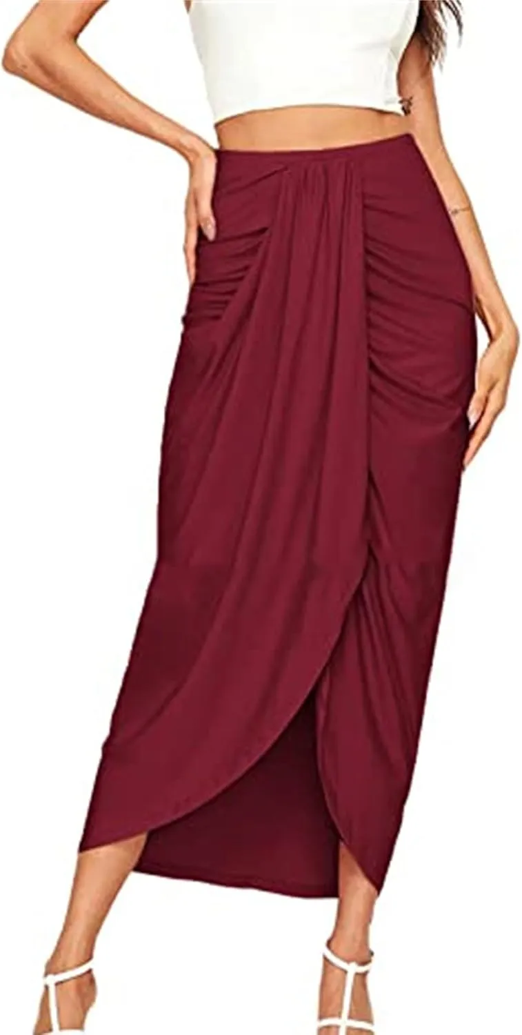 Women's High Low Wrap Maxi Skirts Sexy Side Split High Waist Midi Skirt Twist Front Asymmetrical Cover Up Skirts