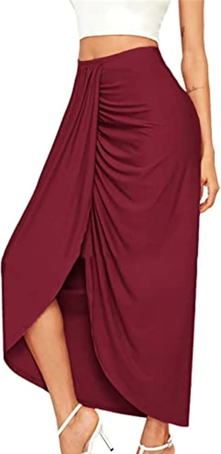 Women's High Low Wrap Maxi Skirts Sexy Side Split High Waist Midi Skirt Twist Front Asymmetrical Cover Up Skirts