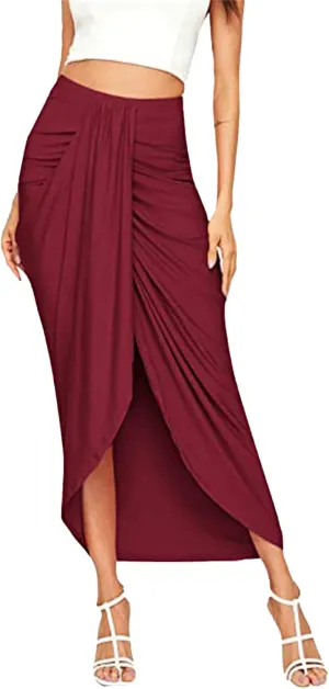 Women's High Low Wrap Maxi Skirts Sexy Side Split High Waist Midi Skirt Twist Front Asymmetrical Cover Up Skirts
