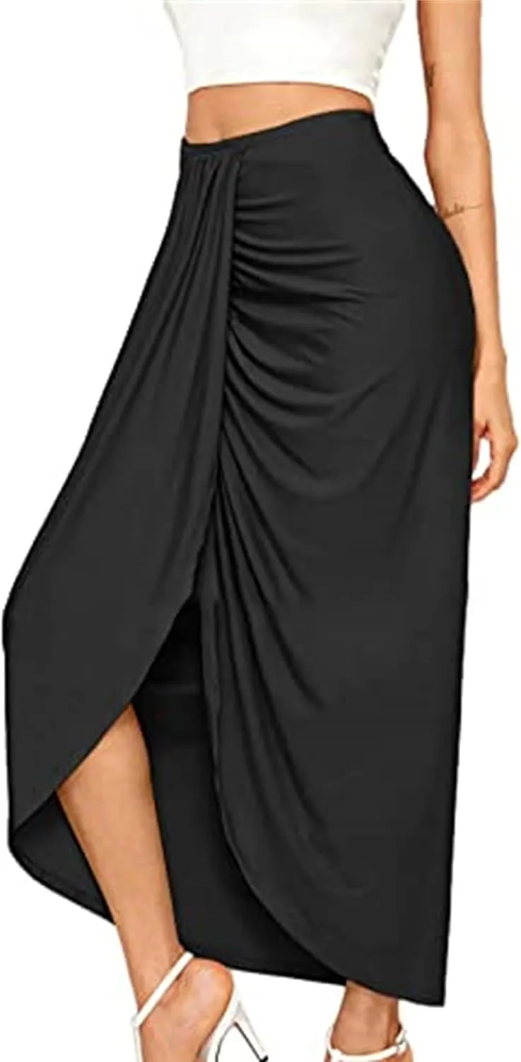 Women's High Low Wrap Maxi Skirts Sexy Side Split High Waist Midi Skirt Twist Front Asymmetrical Cover Up Skirts