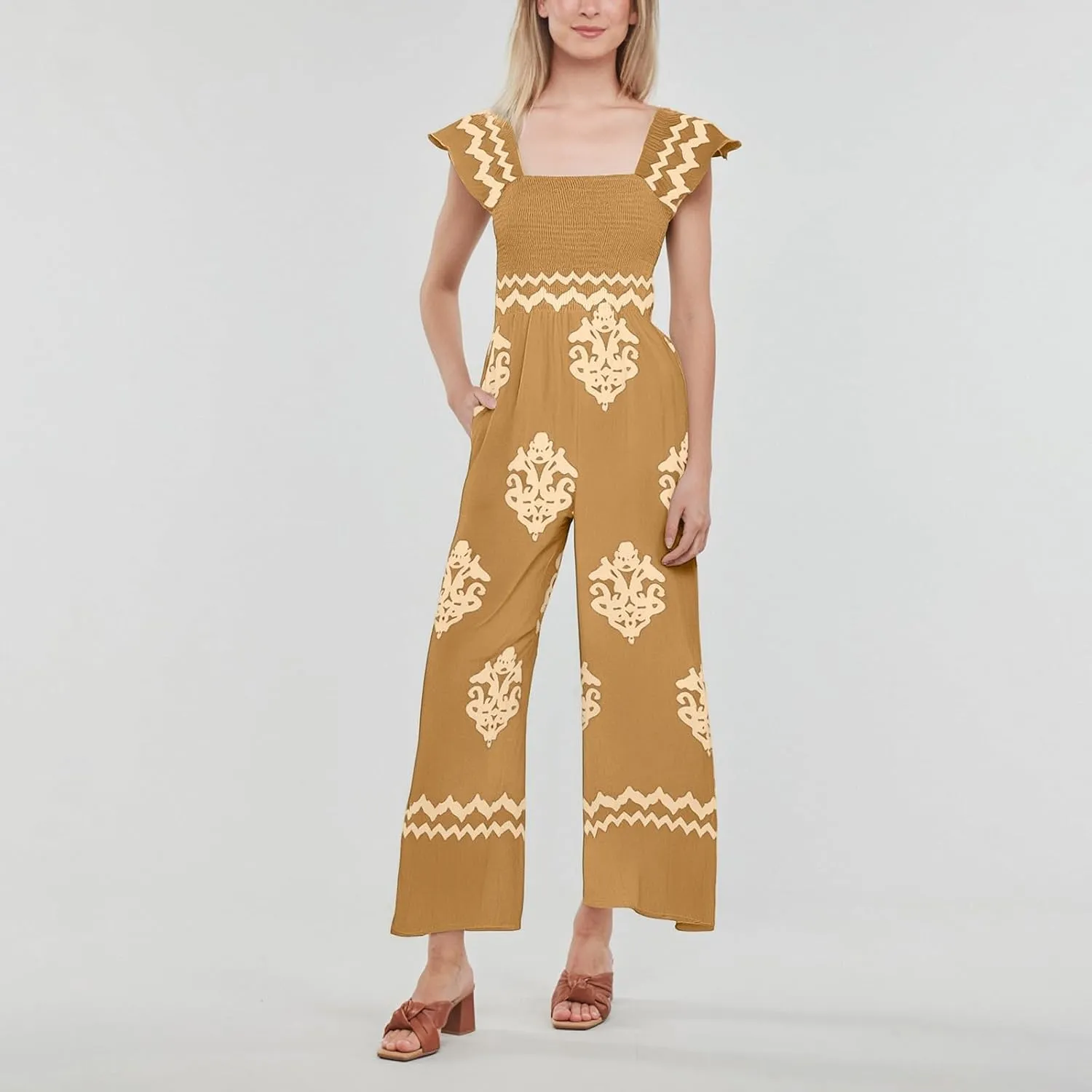 Womens Jumpsuits Casual One Piece Shirred Strap Wide Leg Long Pants Rompers with Pockets Boho Summer Outfits