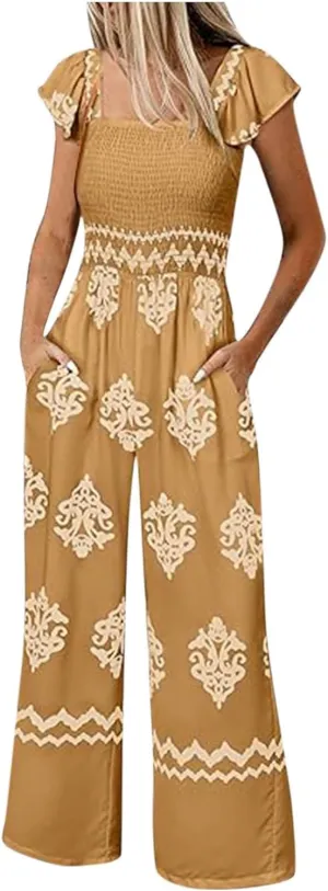 Womens Jumpsuits Casual One Piece Shirred Strap Wide Leg Long Pants Rompers with Pockets Boho Summer Outfits