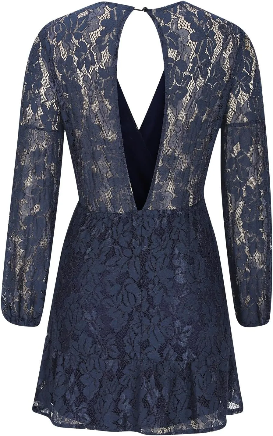 Women's Lace Ruffle Mini Fall Dresses V Neck Long Sleeve Elastic Waist Tie Semi Formal Wedding Guest Backless Dress