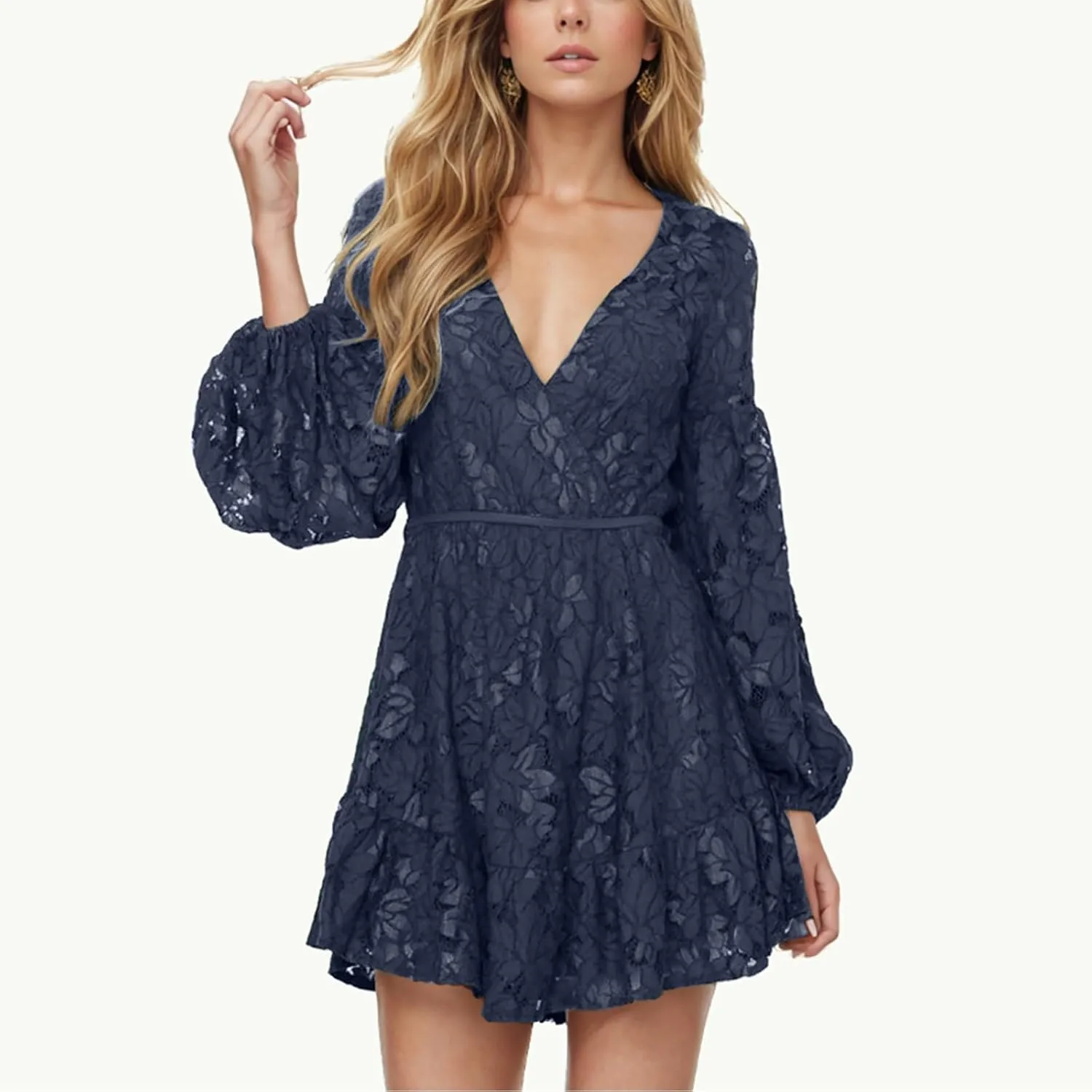 Women's Lace Ruffle Mini Fall Dresses V Neck Long Sleeve Elastic Waist Tie Semi Formal Wedding Guest Backless Dress