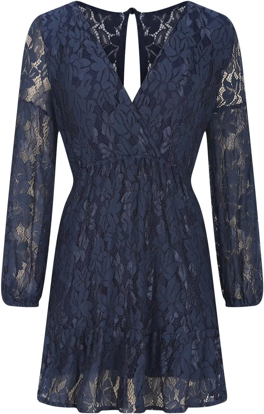 Women's Lace Ruffle Mini Fall Dresses V Neck Long Sleeve Elastic Waist Tie Semi Formal Wedding Guest Backless Dress