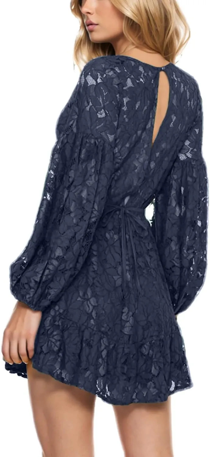 Women's Lace Ruffle Mini Fall Dresses V Neck Long Sleeve Elastic Waist Tie Semi Formal Wedding Guest Backless Dress