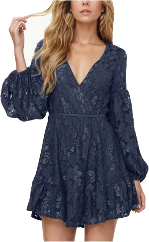 Women's Lace Ruffle Mini Fall Dresses V Neck Long Sleeve Elastic Waist Tie Semi Formal Wedding Guest Backless Dress